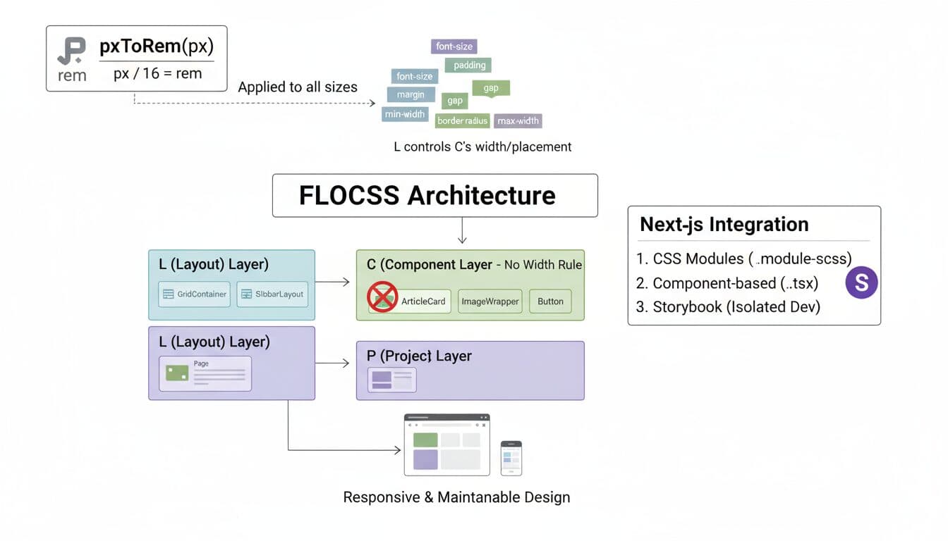 【CSS設計】pxToRem関数と「C層はwidthを持たない」ルール。Next.js + FLOCSSで破綻を防ぐ方法 のビジュアル